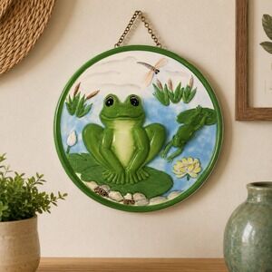 Whimsical Ceramic Frog Wall Plaque Dragonfly Lily Pad 10.75" 3D Pond Decor